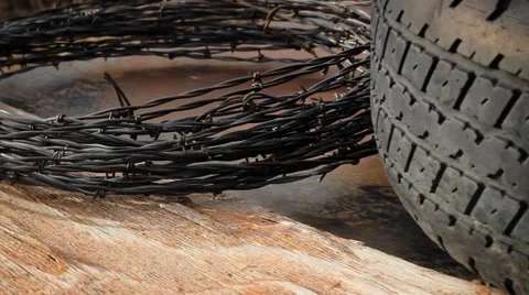 Old Tire and Barbed Wire Stock Footage 41504947