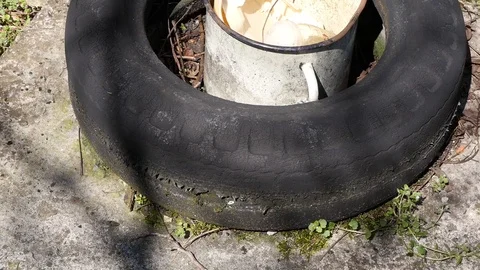 Old tire and a pot Stock Footage 88784457