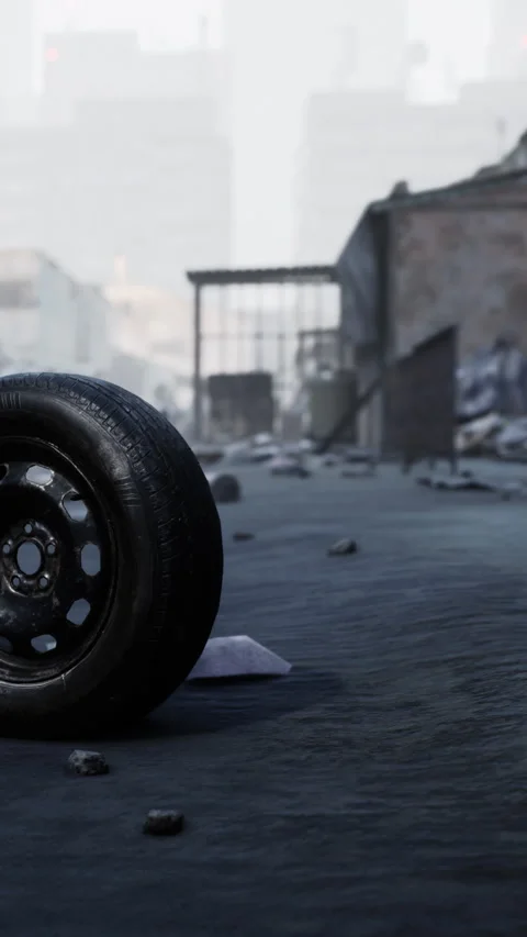 Old tire rests on empty street in abandoned area near broken buildings Stock Footage 341030074