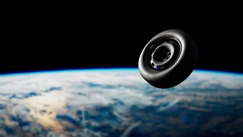 Old Tire Wheel Soaring Through Space Over Earth Stock Illustration