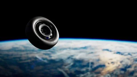 Old Tire Wheel Soaring Through Space Over Earth Stock Illustration