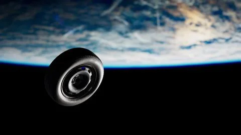 Old Tire Wheel Soaring Through Space Over Earth Illustrazione stock