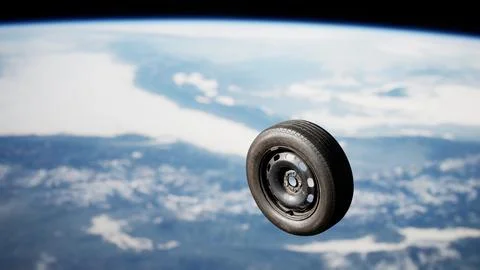Old Tire Wheel Soaring Through Space Over Earth Stock Illustration