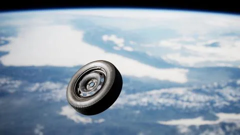 Old Tire Wheel Soaring Through Space Over Earth Illustrazione stock