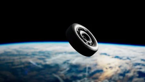 Old Tire Wheel Soaring Through Space Over Earth Stock Illustration