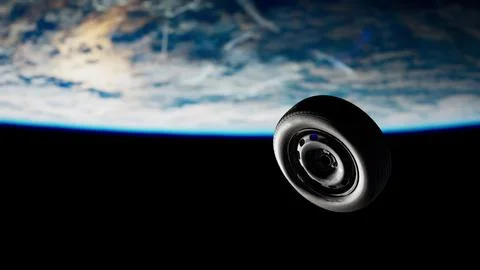 Old Tire Wheel Soaring Through Space Over Earth Stock Illustration