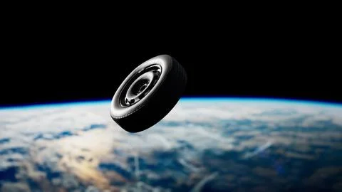 Old Tire Wheel Soaring Through Space Over Earth Stock Illustration