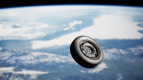 An Old Tire Wheel Soars Through Space, Orbiting Earth in Close-Up Detail Stock Illustration