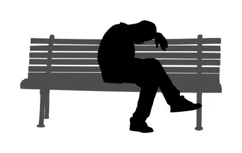 Old tired man sleeping on bench in park vector silhouette Ilustración de archivo
