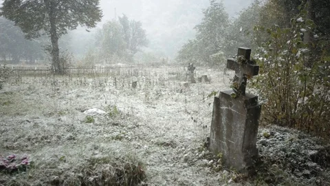 Old tomb in the snowy forest Stockbeeldmateriaal 90302329