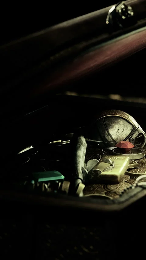 Old tools and objects in a wooden box on a dark surface Stock Footage 334882316