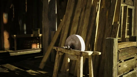 Old tools and textured metals illuminated softly on rustic wooden stand Stock Footage 341586843