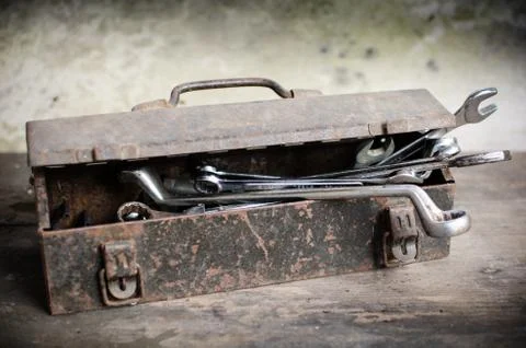 Old tools box with wrench Stock Photos
