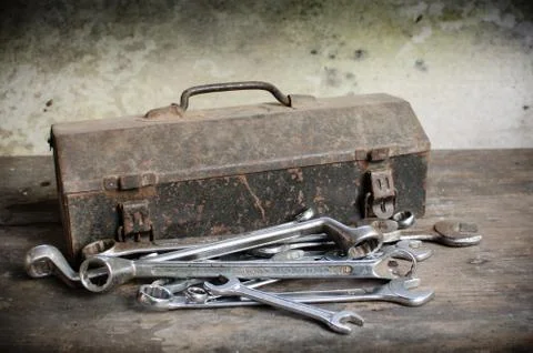 Old tools box with wrench Stock Photos
