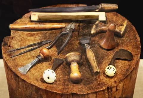 Old tools of a carpenter for working with wood on the table Stock Photos