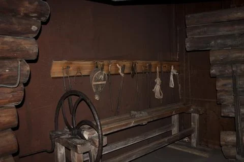 Old tools in the cellar of a winery, close-up Stock Photos