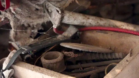 Old Tools Inside Wooden Drawer Stock Footage 345990741