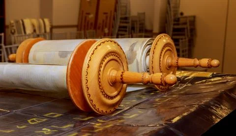 Old torah scroll book close up detail Stock Photos