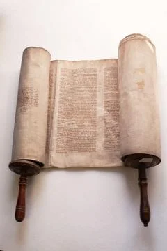 Old torah scroll book close up detail. Torah, the Jewish Holy Book. Stock Photos