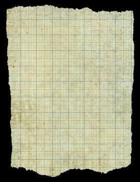 Old torn stained dirty graph paper isolated black background. Stockfoto's