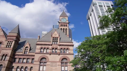Old Toronto City Hall Clock Tower With Modern Skyline During Forward Camera Move Stock-Footage 338985766