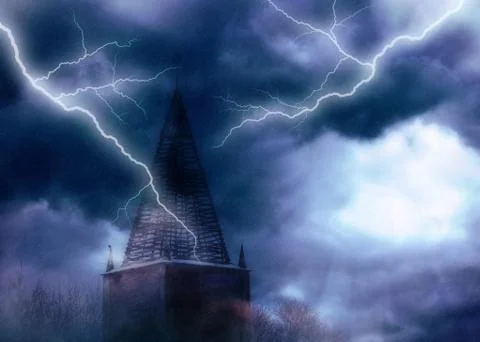 Old tower and thunderbolts Illustrazione stock