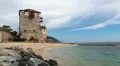 Old tower at the beach in Ouranoupoli, Athos peninsula, Chalkidiki, Greece HD Footage