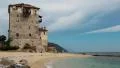 Old tower at the beach in Ouranoupoli, Athos peninsula, Chalkidiki, Greece HD Footage