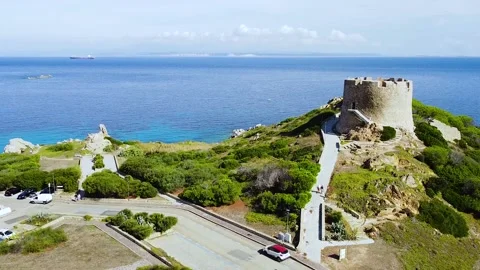 Old tower on coast seaside, drone view. Santa Teresa di Gallura. Sardinia. Italy Stock Footage 139412481