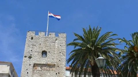 Old Tower with A Flag And Palm Trees Stock Footage 54898176