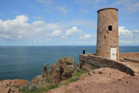 Old tower at the head of Cap Frehel, Brittany. French coast. Stock Photos