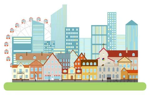 The old town against the backdrop of the metropolis. City landscape. Stock Illustration