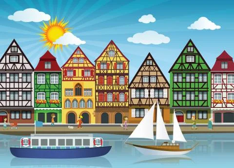 Old town and river Stock Illustration