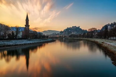 Old town and river view in Europe with sunset sky background, travel destination Stock Photos