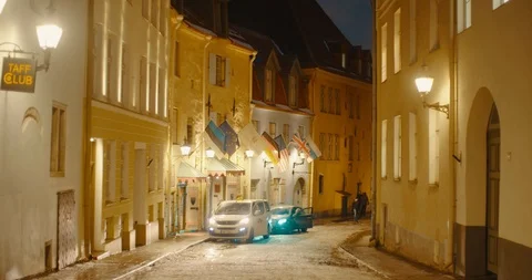 Old Town Back Streets at Night - Tallinn, Estonia (4K) Stock Footage 101377523