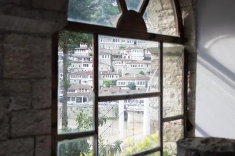 Old town Berati, windows in Berat - also called city of a thousand windows Stock Photos