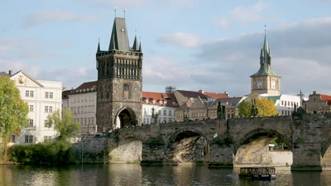 Old Town Bridge Tower from the boat Stock Footage 253406113