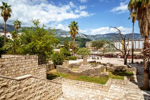 The old town of budva with ruins in the foreground Stock Photos