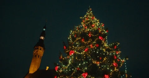 Old Town Christmas Tree at Night - Tallinn, Estonia (4K) Stock Footage 101382618