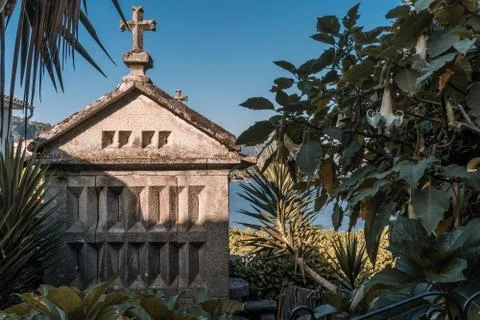 The old town of Combarro has the largest collection of horreos Stock Photos