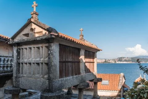 The old town of Combarro has the largest collection of horreos Stock Photos