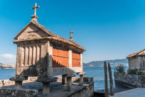 The old town of Combarro has the largest collection of horreos Stock Photos