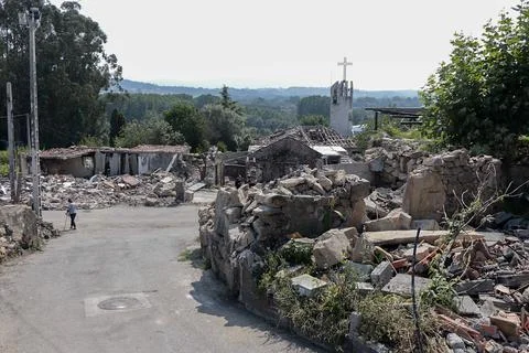 Old town destroyed by an explosion Stock Photos