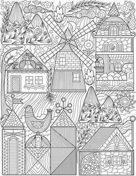 Old Town Doodle Wind Mill Houses Colorless Line Drawing. Classic Village Stock Illustration