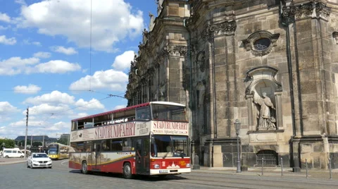 Old town in Dresden. City life. Hofkirche on the right Stock Footage