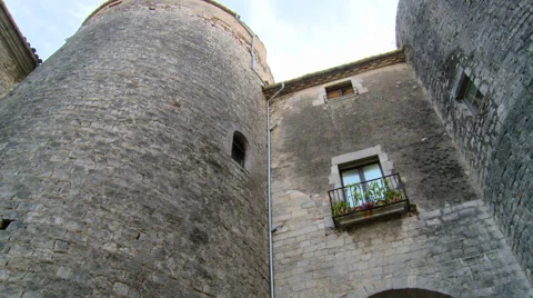 Old Town gate with a cyllinder tower, tilt down Stock Footage 42180224