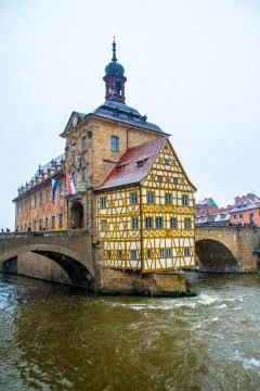 Old town hall in Bamberg while it snows, Germany Stock Photos