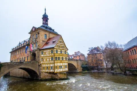 Old town hall in Bamberg while it snows, Germany Stock Photos