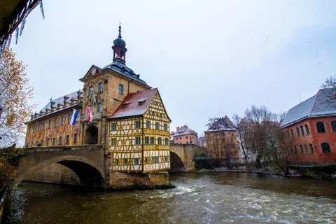 Old town hall in Bamberg while it snows, Germany Stock Photos