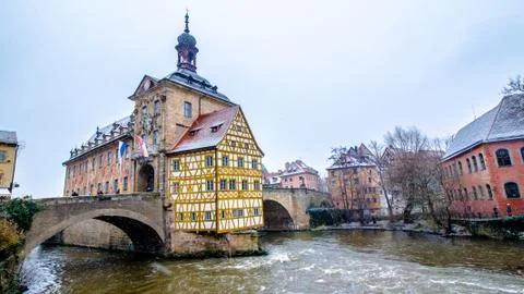 Old town hall in Bamberg while it snows, Germany Stock Photos